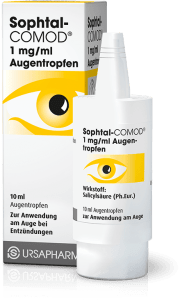 Abbildung Packung und Tropfflasche von Sophtal-COMOD Augentropfen